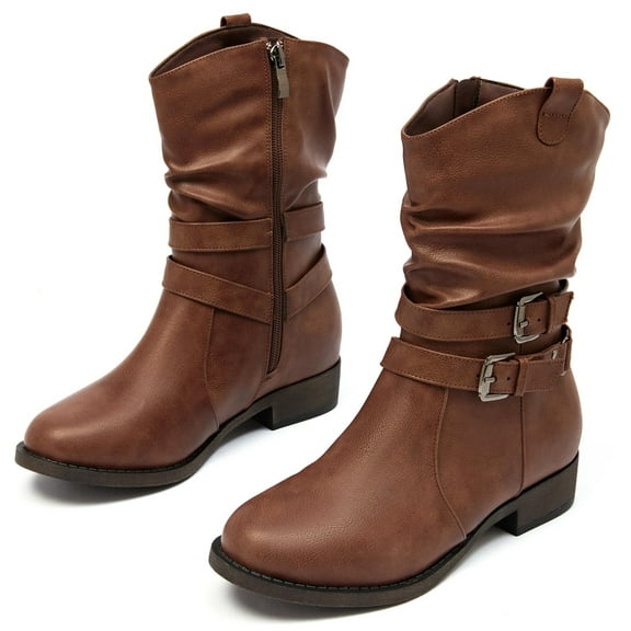 Women's Mid-Calf Cowboy Cowgirl Boots with Low Chunky Heel, Motorcycle Style, Side Zipper, Classic Round Toe, Fashion Western Dark Brown Boots.