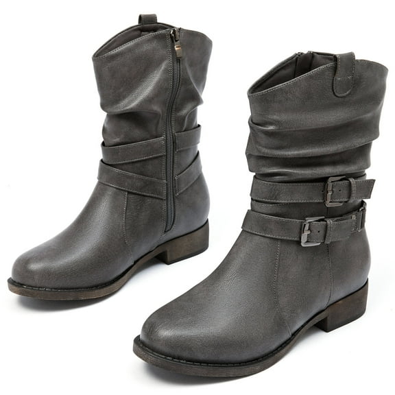 Women's Mid-Calf Cowboy Cowgirl Boots with Low Chunky Heel, Motorcycle Style, Side Zipper, Classic Round Toe, Fashion Western Grey Boots.