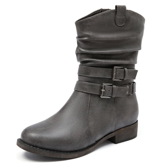 Women's Mid-Calf Cowboy Cowgirl Boots with Low Chunky Heel, Cowboy Style, Side Zipper, Classic Round Toe, Fashion Western Grey Boots.
