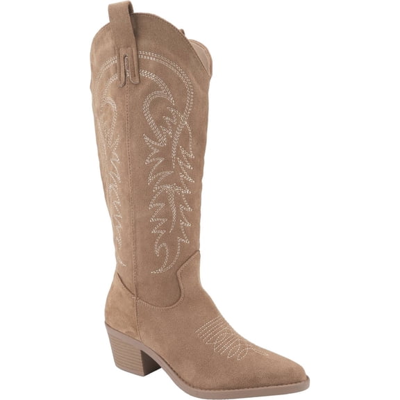 Women's Mid Calf Cowgirl Boots Cowboy Boots Pointed Toe Fashion Slip-On Chunky Heel Embroidery Stitched Western Camel Boot