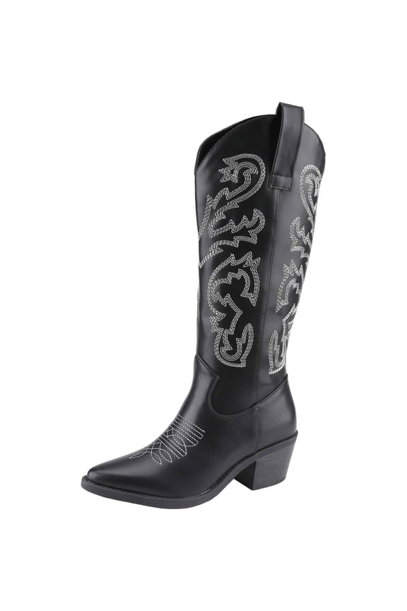 Women's Mid Calf Cowgirl Boots Cowboy Boots Pointed Toe Fashion Slip-On Chunky Heel Embroidery Stitched Western Camel Boot