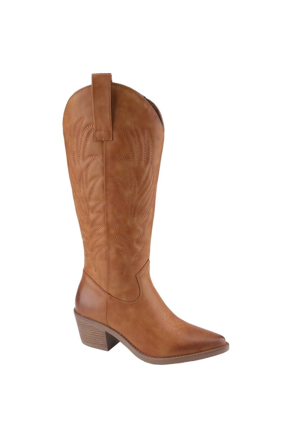 Women's Mid Calf Cowgirl Boots Cowboy Boots Pointed Toe Fashion Slip-On Chunky Heel Embroidery Stitched Western Camel Boot