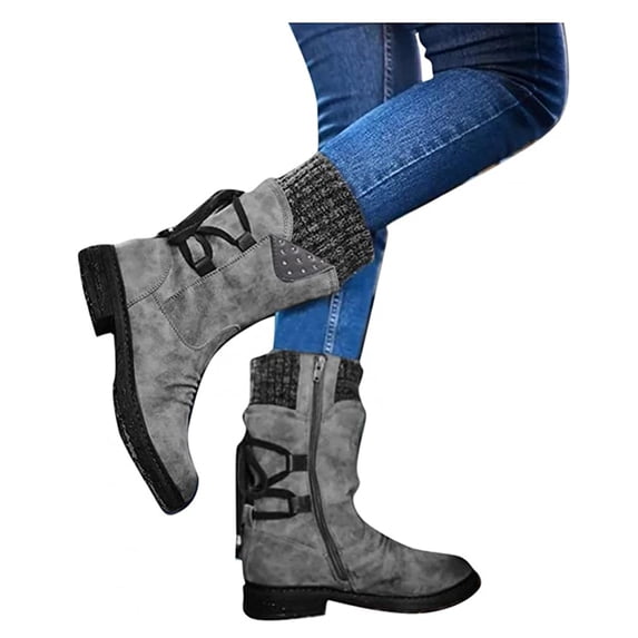 Women's Mid Calf Dress Boots Biker Motorcycle Riding Boots Side Zipper Low Heel Winter Fashion Western Combat Military Boots Clearance Sale