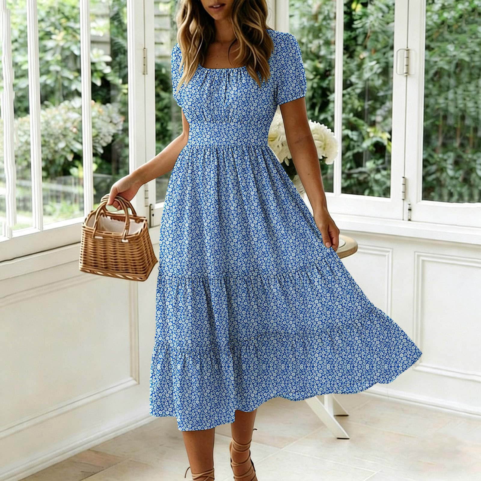 mid length flowy dresses Women's Mid-Calf Dress, Summer Casual Print Short Sleeve Elastic Waist, Square Neck Midi Dress for Beach or Daily Casual Wear, 2026 New Limited-time Offer Crafted from a lightweight polyester blend Flowy Midi Dresses | Windsor