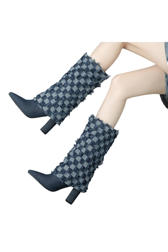 Women's Mid Calf Fold Over Boots Chunky High Heel Fashion Pointed Toe Plaid Denim Mid Calf Booties