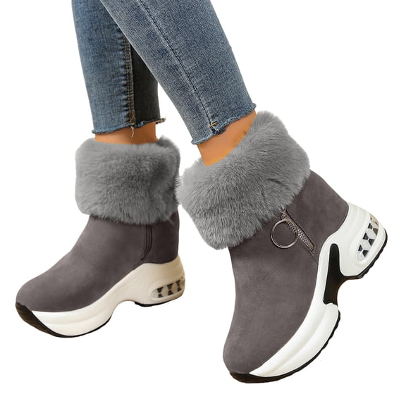 Women's Mid Calf Fuzzy Snow Boots Fleece Lined Thick Sole Platform Ankle Booties Winter Warm High Top Casual Walking Shoes Gray Size 7