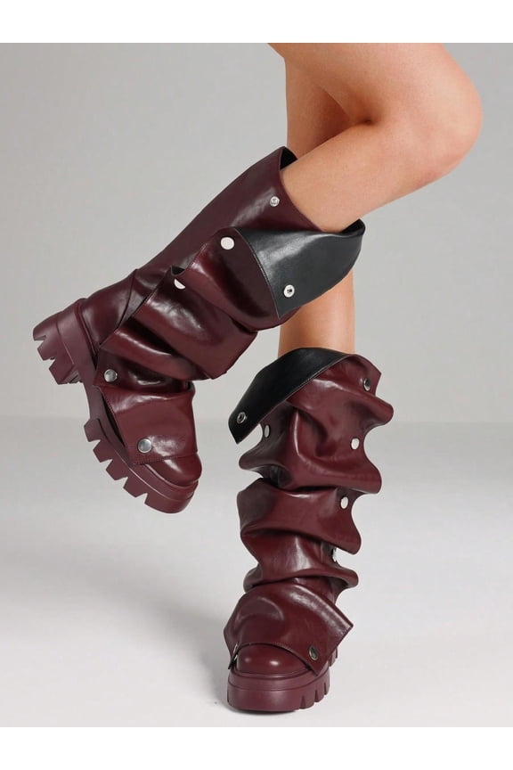 Women's Mid-Calf Knee High Platform Chunky Heel Ruched Shaft Pull-On Design for Easy On-Off Y2K Inspired Daily Party Booties