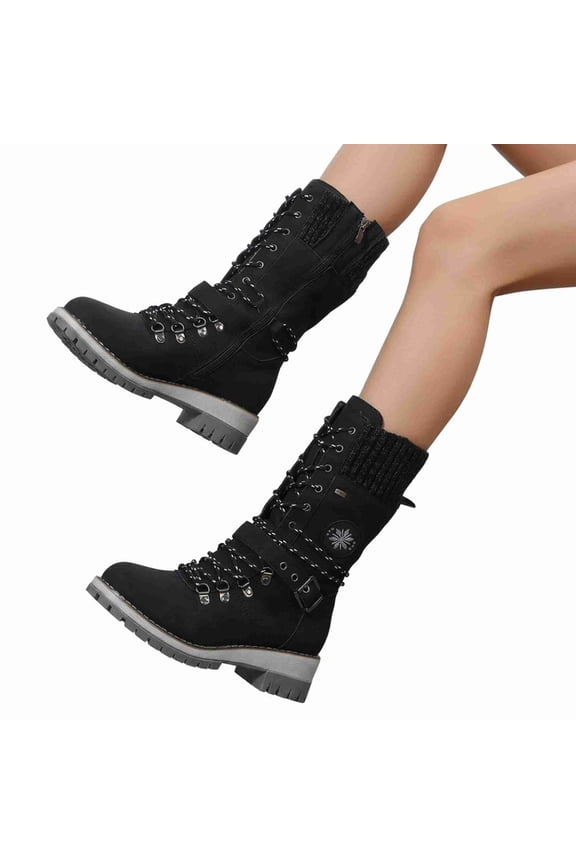 Women's Mid-Calf Lace-Up Snow Boots with Knit Cuff & Side Zip - Chunky Heel Winter Combat Boots for Cold Weather