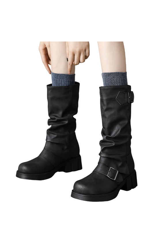 Women's Mid Calf Leather Slouchy Platform Riding Boots Fold Over Wide Calf Booties Round Toe Slip On Punk Motorcycle Boots Black Size 5.5
