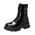 thumbnail image 1 of Women's Mid-Calf Martin Boots Belt Buckle Round Toe Lace-Up Platform Chunky Heel Boots, 1 of 4