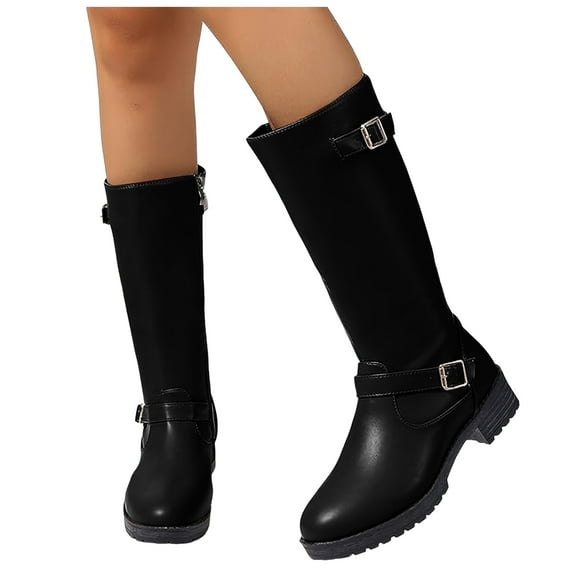 Women's Mid Calf Motorcycle Riding Boots Leather Buckles Chunky Low Heel Knee High Knight Tall Boots Black