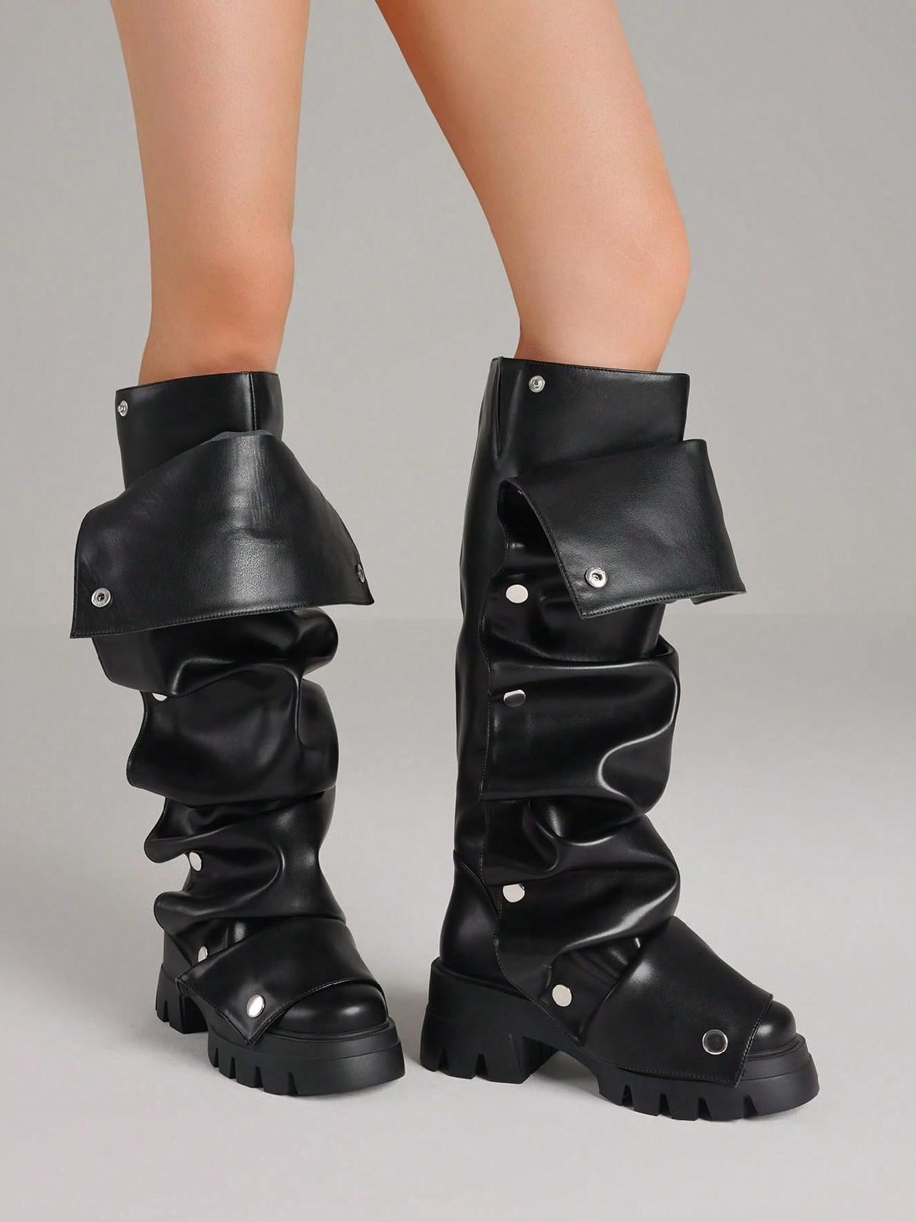 Women's Mid-Calf Platform Heels Ruch Knee-High Fold Over Chunky Heel ...