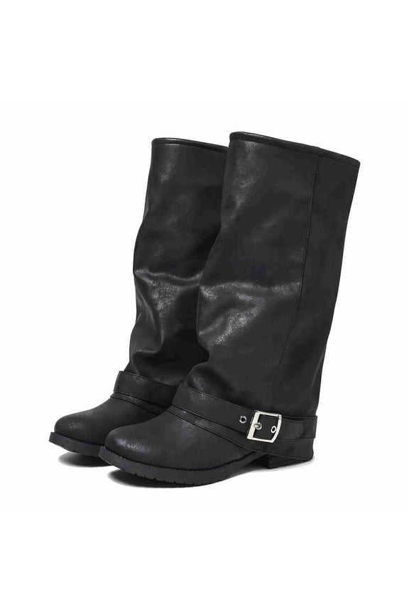 Women's Mid-Calf Slouch Boots with Ankle Buckle Strap – Vintage Faux Leather Riding Boots, Slouchy Low Heel Casual Winter Boots