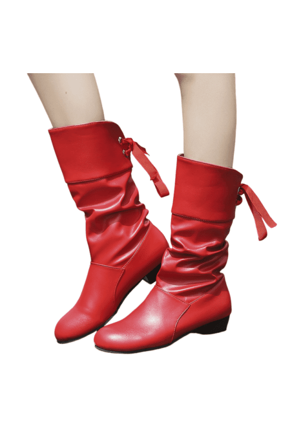 Women's Mid Calf Slouchy Boots, Ribbon Bow Tie Ruched Boots, Soft Faux Leather Low Block Heel Booties for Dating Party Outfits, Elegant Pull On Christmas Holiday Tall Boots, Red 6