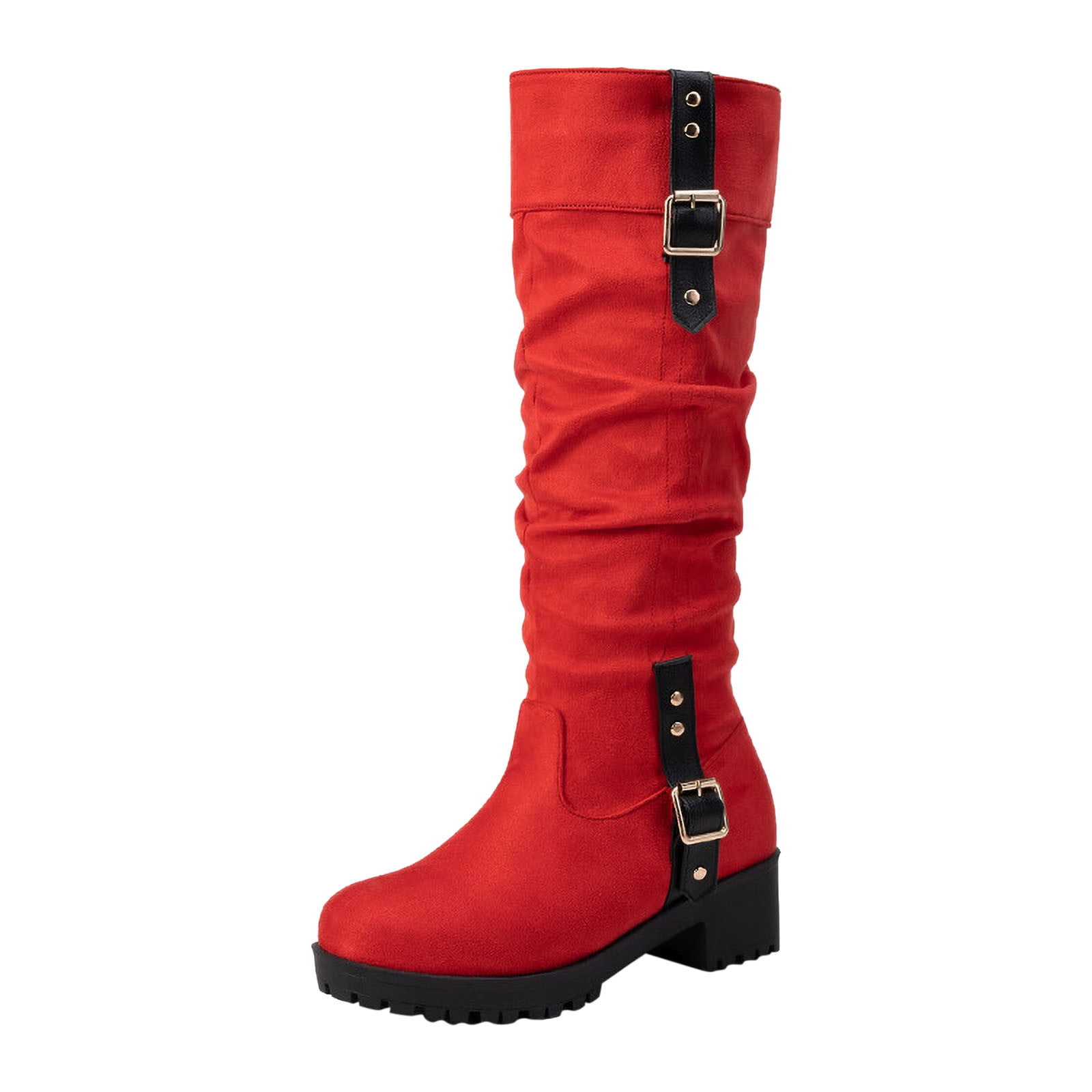 Medium Red Riding Boots Women's Mid Calf Slouchy Boots Suede Pull On Low Heel Stacked Chunky ...
