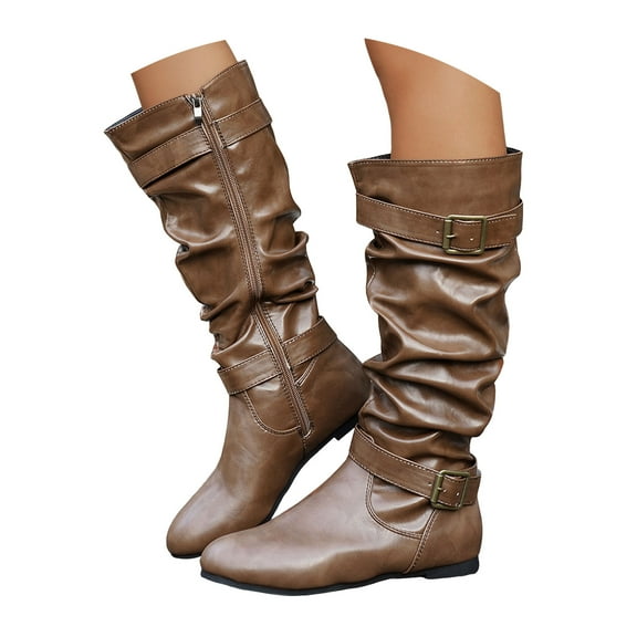 Women's Mid Calf Slouchy Flat Boots Comfortable Low Heel Wide Width Knee High Leather Riding Dress Booties