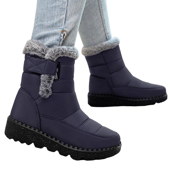 Women's Mid Calf Snow Boots Winter Warm Comfortable Non Slip Platform Boots Outdoor Fleece Lined High Top Work Shoes Blue Size 7