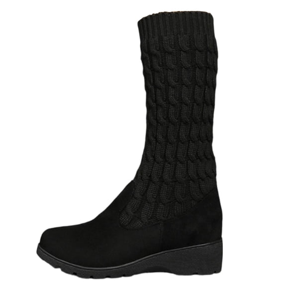 Women’s Mid Calf Sock Boots Stretch Knit Pull On Boots Calf High Round Toe Tall Shaft Booties for Fall Winter Dress Casual Work office Walking Black 9(42)