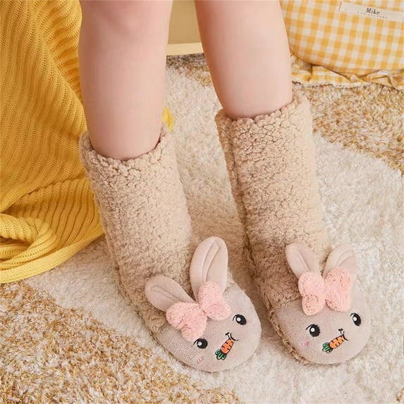 Women's Mid-Calf Socks with Carrot Rabbit Pattern, Lamb Fleece Lined Anti-Skid Socks, Non-Slip Grip Floor Sleep Socks, Cute Home Wear Cartoon Design Socks - Brown