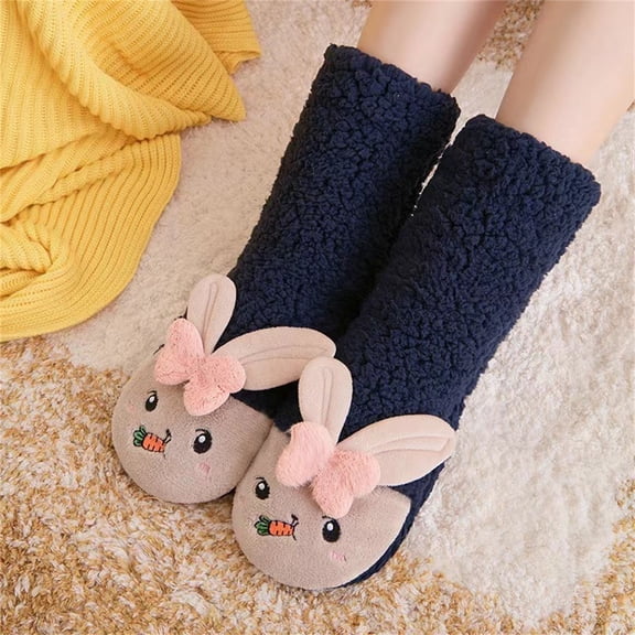 Women's Mid-Calf Socks with Carrot Rabbit Pattern, Lamb Fleece Lined Anti-Skid Socks, Non-Slip Grip Floor Sleep Socks, Cute Home Wear Cartoon Design Socks - Navy