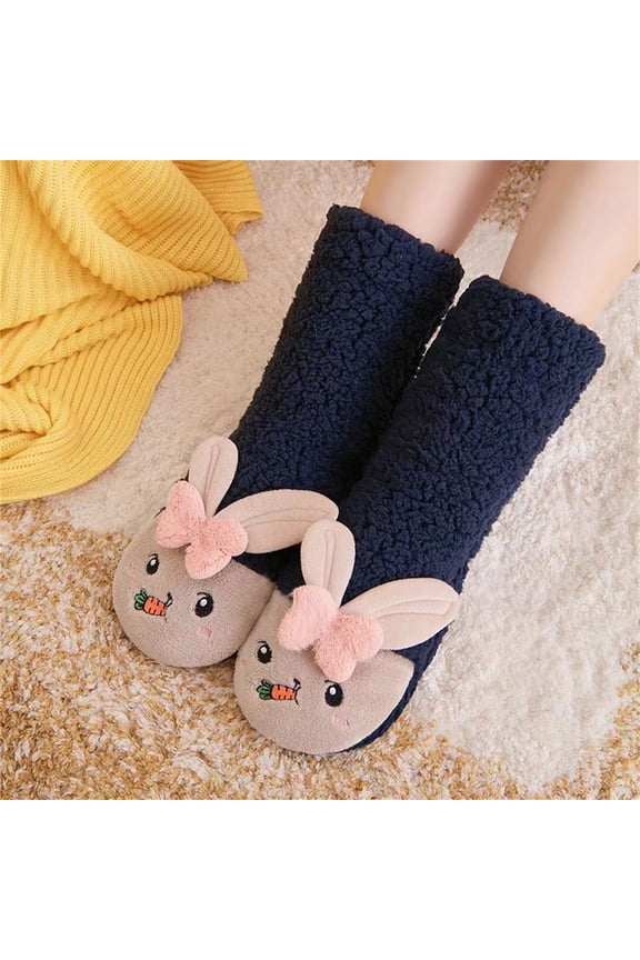 Women's Mid-Calf Socks with Carrot Rabbit Pattern, Lamb Fleece Lined Anti-Skid Socks, Non-Slip Grip Floor Sleep Socks, Cute Home Wear Cartoon Design Socks - Navy