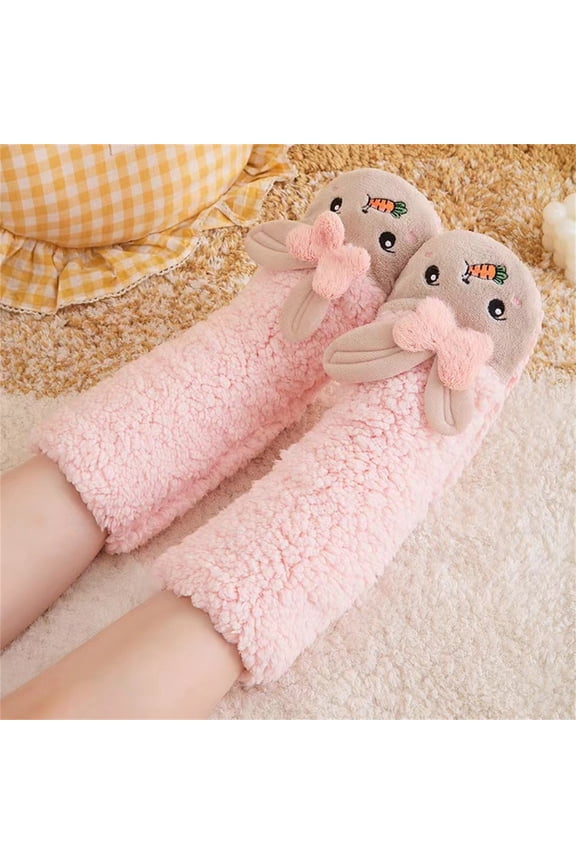 Women's Mid-Calf Socks with Carrot Rabbit Pattern, Lamb Fleece Lined Anti-Skid Socks, Non-Slip Grip Floor Sleep Socks, Cute Home Wear Cartoon Design Socks - Pink