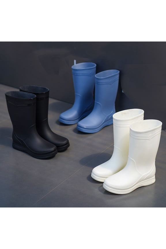 Women's Mid-Calf Waterproof Rain Boots, Non-Slip Rubber Rain Shoes with Warm Lining, Comfortable Wide Calf Rain Boots for Outdoor, Work, Daily Wear - Black/Blue/White