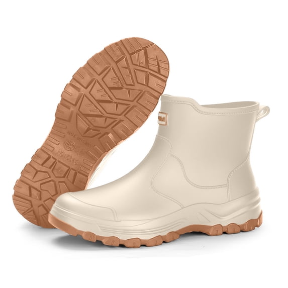Women’s Mid Calf Waterproof Rubber Rain Boots, Non-Slip Pull On Slip Resistant Footwear for Outdoor Gardening, Rainy Day Daily Wear Khaki 7.5