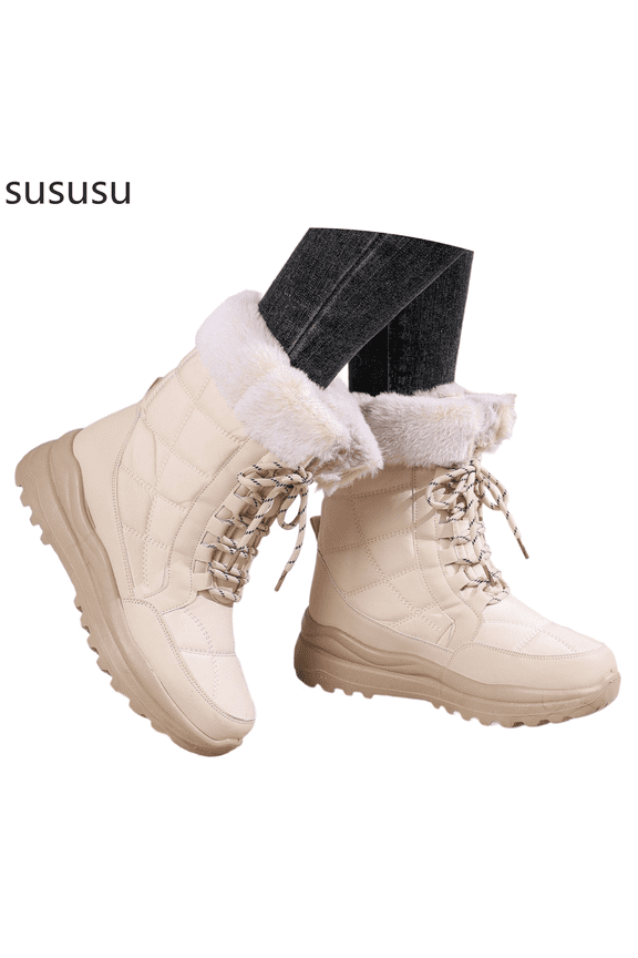 Women's Mid Calf Winter Boots Outdoor Booties With Thick Comfortable Platform Heel Casual Shoes For Cold Weather