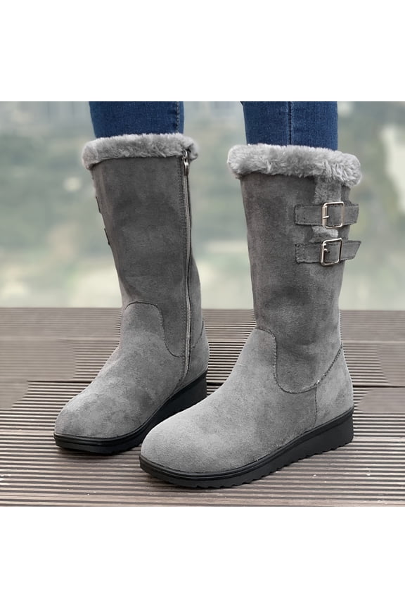Women's Mid-Calf Winter Snow Boots, Faux Suede Faux Fur-Lined Warm Boots with Buckle Detail
