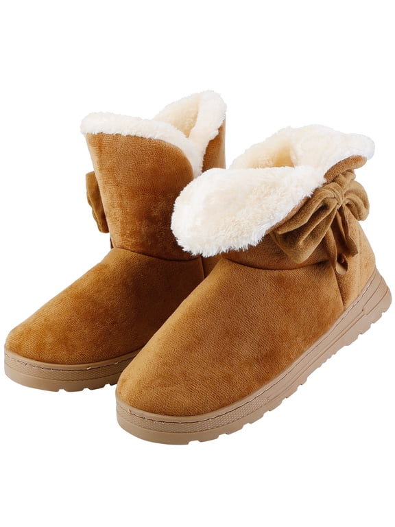 Women's Mid-Calf Winter Snow Boots, Suede-Look Bow Accent Ankle Booties with Plush Fleece Lining, Brown Size 10
