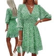 thumbnail image 1 of Women's Mid-Length Bohemian Print Floral Dress - Waist Pullover, Short Sleeves, Fresh and Sweet Style, 1 of 2