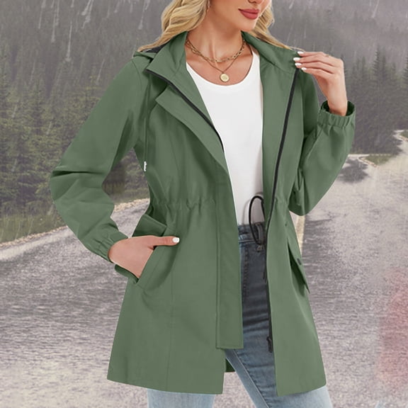 Women's Mid-Length Breathable Softshell Jacket, Windproof Hiking Raincoat, Packable Hooded Rain Jacket, Lightweight Trail Running Jacket, Spring Autumn Outdoor Jacket, Casual Raincoat Green XXL