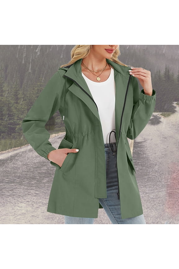 Women's Mid-Length Breathable Softshell Jacket, Windproof Hiking Raincoat, Packable Hooded Rain Jacket, Lightweight Trail Running Jacket, Spring Autumn Outdoor Jacket, Casual Raincoat Green XXL