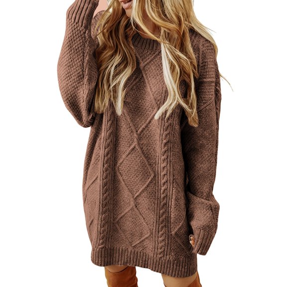 Women's Mid-Length Cable Knit Sweater, Oversized Casual Pullover, Tunic Length Knit Top, Loose Fit Longline Sweater, Everyday Cable Stitch Sweater, Fall Winter Loungewear Brown L