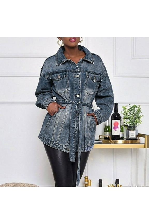 Women's Mid Length Casual Slim Fit Turn Down Denim Jacket With Waist Belt over Sized Jean Jackets Cowboy Jacket for Women Casual Jean Jean Jacket Wool Lined Jean Jacket Women Cropped Short Jacket for