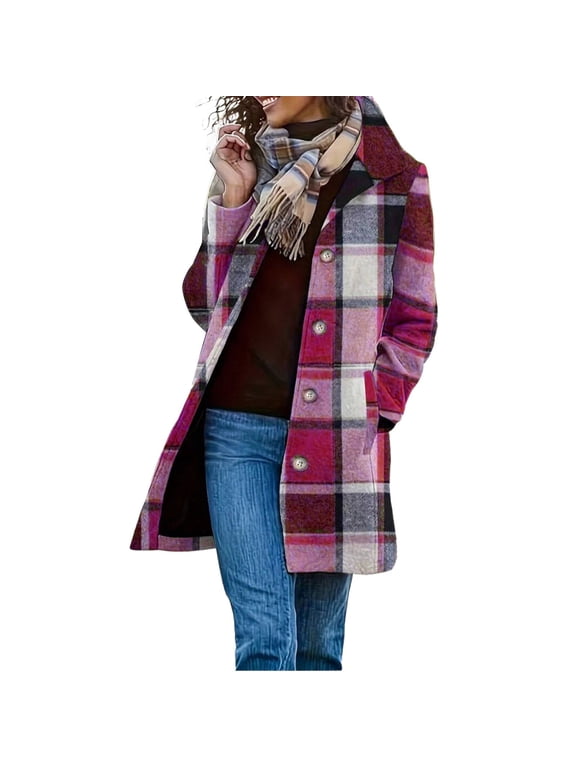 Women's Mid Length Coat Button Down Lapel Plaid Peacoat Insulated Winter Fall Outercoats Hot Pink 2XL