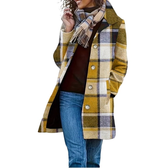 Women's Mid Length Coat Button Down Lapel Plaid Peacoat Insulated Winter Fall Outercoats Yellow XL