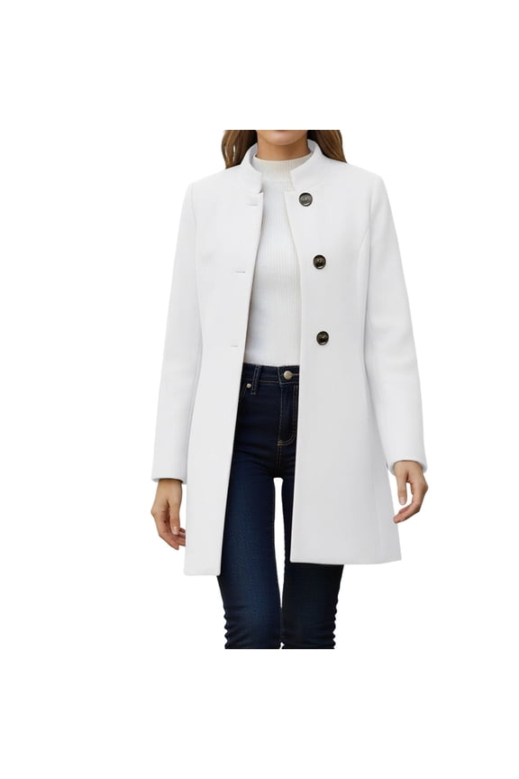Women's Mid Length Coat Stand Collar Trendy Single Breasted Office Work Outerwear Coats for Women White L