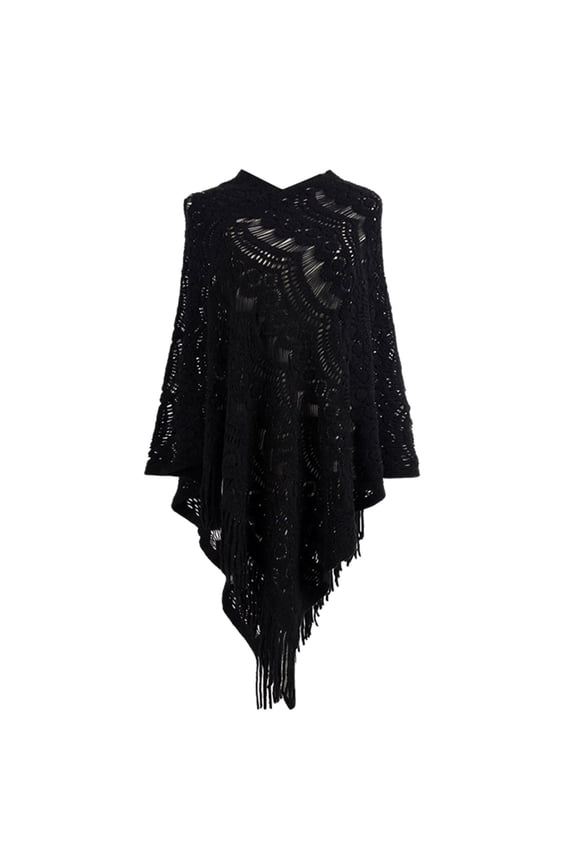 Women's Mid-Length Crochet Pullover Sweater Shawl, Asymmetrical Fringe Design with Hollow Out Detail, Can Be Worn as a Cape or Top, Versatile and Bohemian for Cool Weather Black