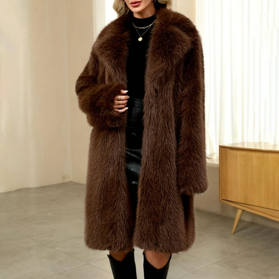Women's Mid-Length Double Faced Plush Coat, Longline Fleece Outerwear, Oversized Open Front Jacket, Soft Winter Coat, Cozy Plush Topcoat, Fall and Winter Luxury Style Coffee S