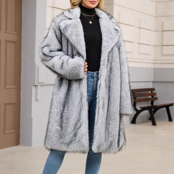 Women's Mid-Length Double Faced Plush Coat, Longline Fleece Outerwear, Oversized Open Front Jacket, Soft Winter Coat, Cozy Plush Topcoat, Fall and Winter Luxury Style Light Ashy S