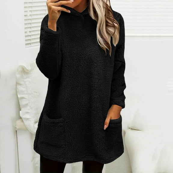 Women's Mid-Length Double Sided Fleece Hoodie, Drop Shoulder Plush Pullover with Pocket, Soft Winter Casual Sweatshirt, Cozy Longline Lounge Wear, Comfortable Oversized Hooded Top Black XXL