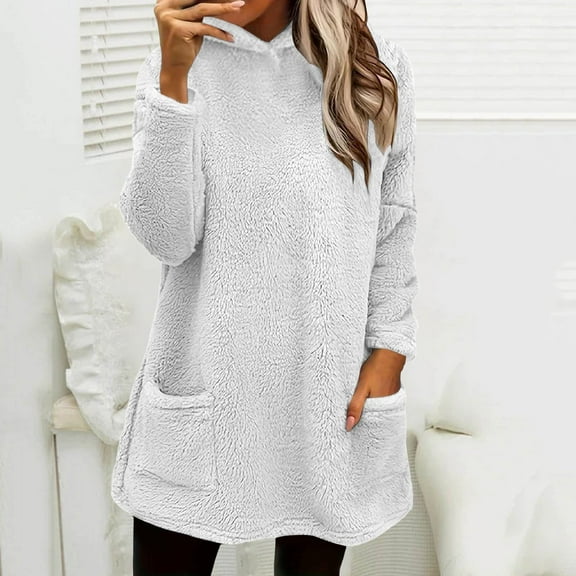 Women's Mid-Length Double Sided Fleece Hoodie, Drop Shoulder Plush Pullover with Pocket, Soft Winter Casual Sweatshirt, Cozy Longline Lounge Wear, Comfortable Oversized Hooded Top White XL