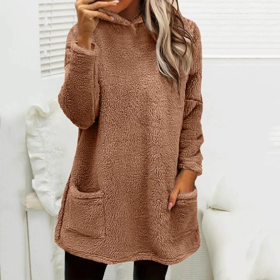 Women's Mid-Length Double Sided Fleece Hoodie, Drop Shoulder Plush Pullover with Pocket, Soft Winter Casual Sweatshirt, Cozy Longline Lounge Wear, Comfortable Oversized Hooded Top Khaki M
