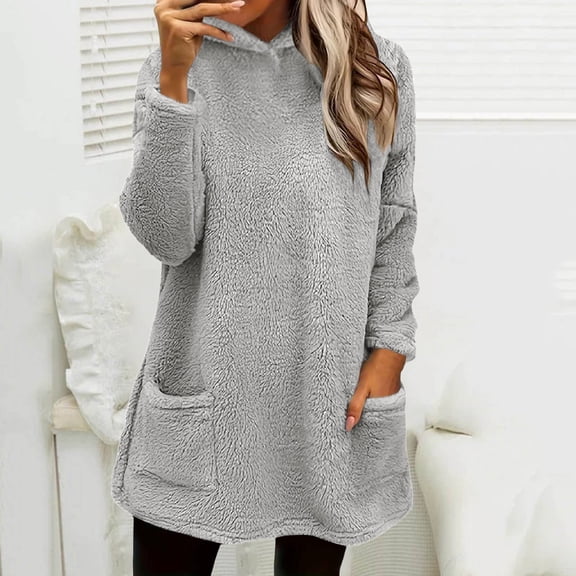 Women's Mid-Length Double Sided Fleece Hoodie, Drop Shoulder Plush Pullover with Pocket, Soft Winter Casual Sweatshirt, Cozy Longline Lounge Wear, Comfortable Oversized Hooded Top Grey XXL