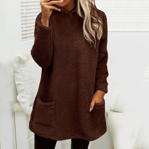 Women's Mid-Length Double Sided Fleece Hoodie, Drop Shoulder Plush Pullover with Pocket, Soft Winter Casual Sweatshirt, Cozy Longline Lounge Wear, Comfortable Oversized Hooded Top Brown XL