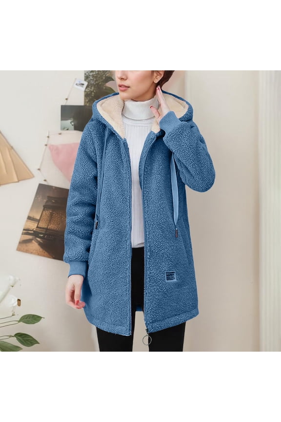 Women's Mid-Length Faux Shearling Jacket, Double Faced Fleece Lined Coat, Full Zip Hooded Outerwear, Thick Winter Jacket, Soft Plush Coat, Warm Casual Coat, Cold Weather Parka Blue