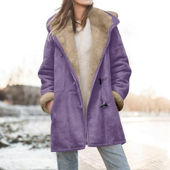 Women's Mid-Length Fleece Jacket, Plush Lined Hooded Coat, Unique Cone Button Design, Casual Winter Outerwear, Cold Weather Layer Purple L