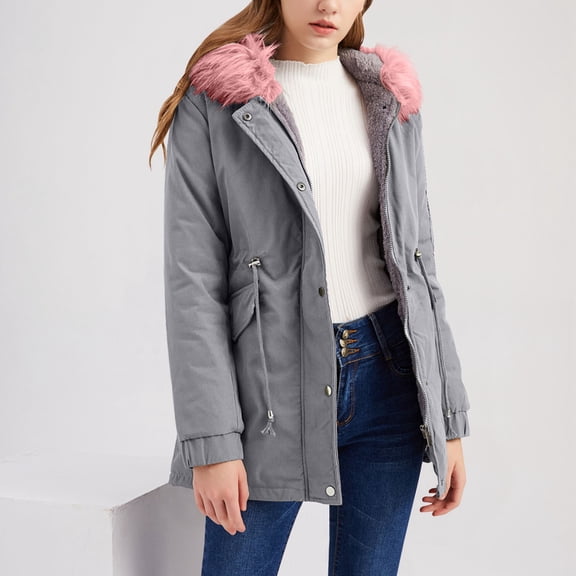 Women's Mid-Length Fleece Lined Hooded Jacket, Solid Color Winter Coat with Drawstring Waist, Warm Zip Up Outerwear, Casual Fall Winter Layer Pink2 XL